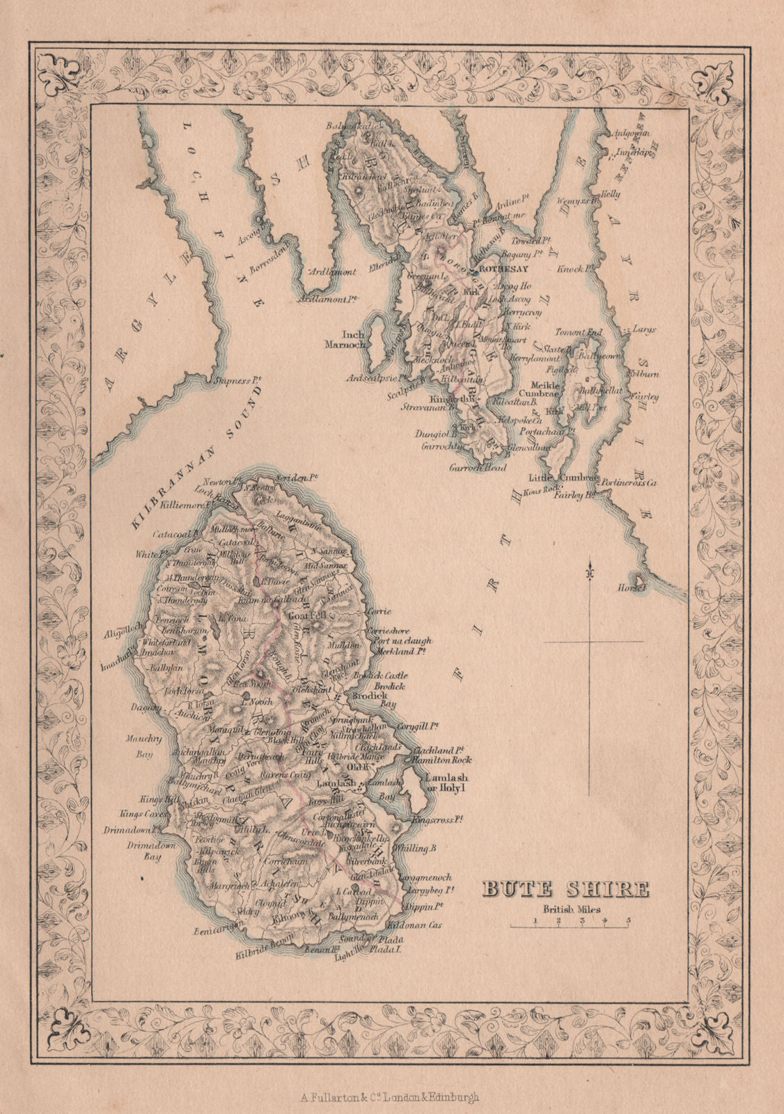 Decorative antique county map of Buteshire, Scotland. FULLARTON 1868 old